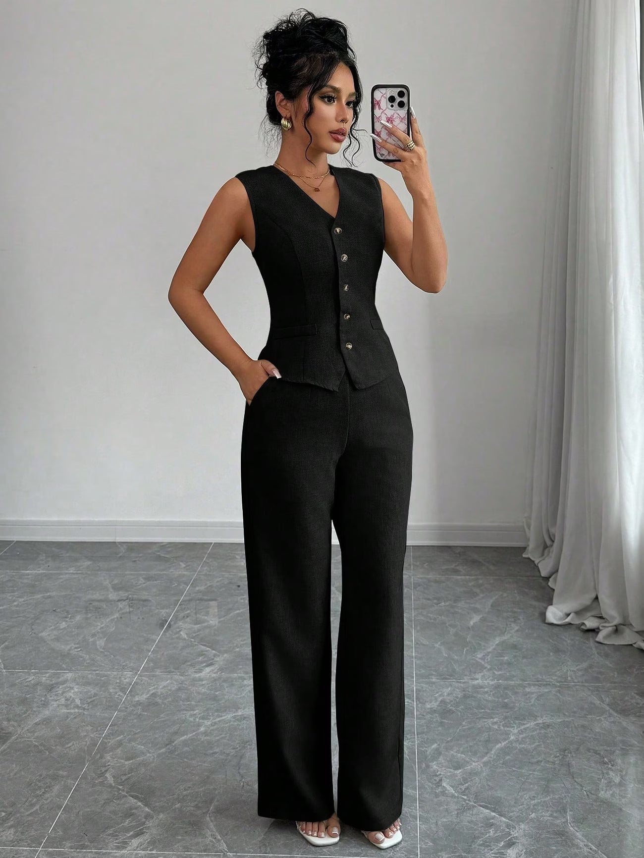 🌸Stijlvolle V-Hals Set met Taille Strik